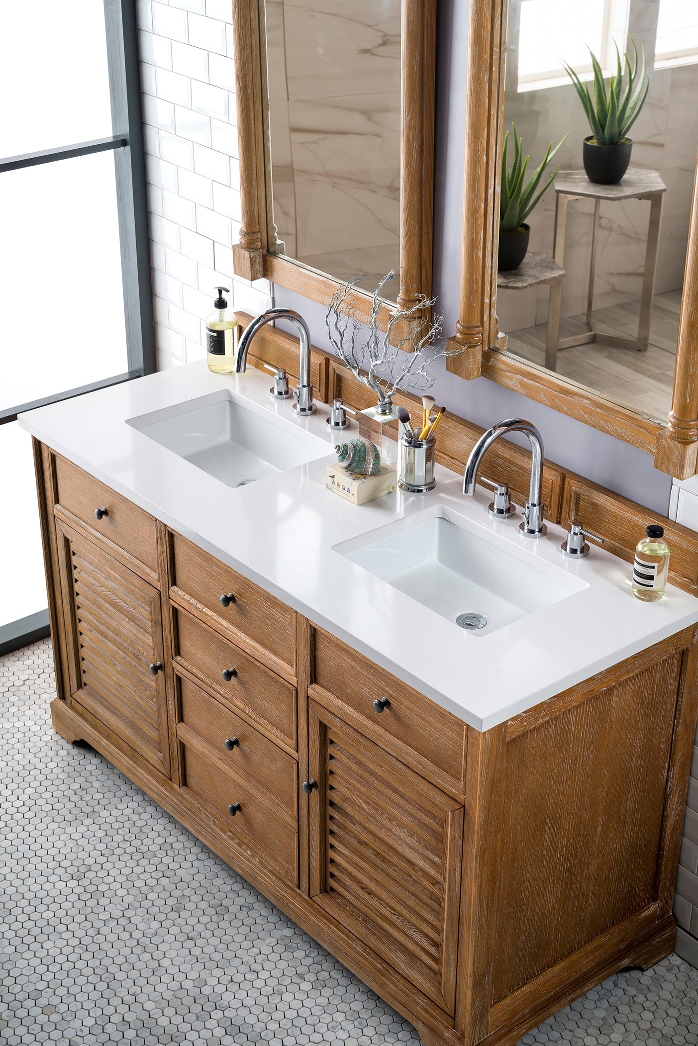 Savannah 60" Double Vanity, Driftwood w/ 3 CM White Zeus Quartz Top