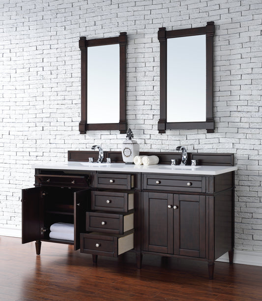 Brittany 72" Double Vanity, Burnished Mahogany w/ 3 CM White Zeus Quartz Top