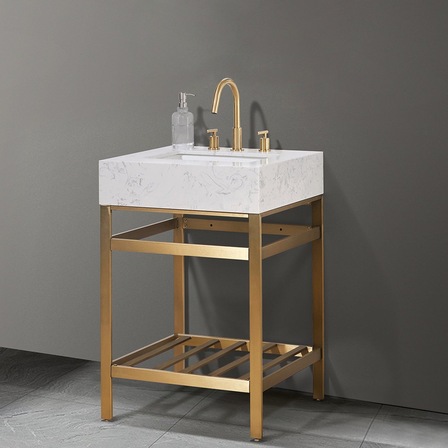 Merano 24" Single Stainless Steel Vanity Console in Brushed Gold with Aosta White Stone Countertop without Mirror