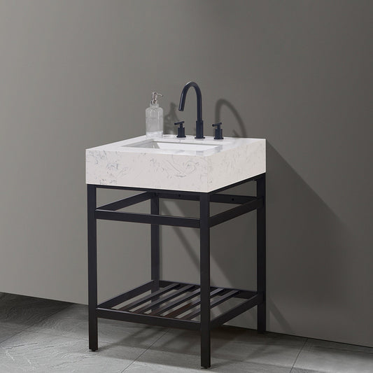 Merano 24" Single Stainless Steel Vanity Console in Matt Black with Aosta White Stone Countertop without Mirror