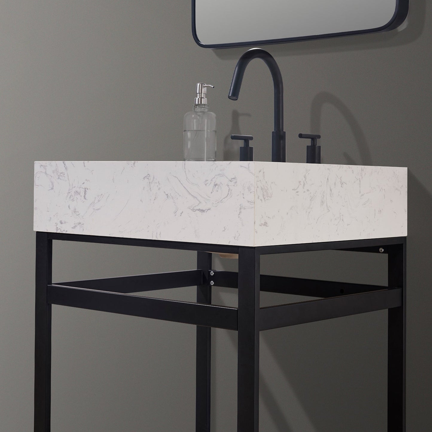 Merano 24" Single Stainless Steel Vanity Console in Matt Black with Aosta White Stone Countertop and Mirror