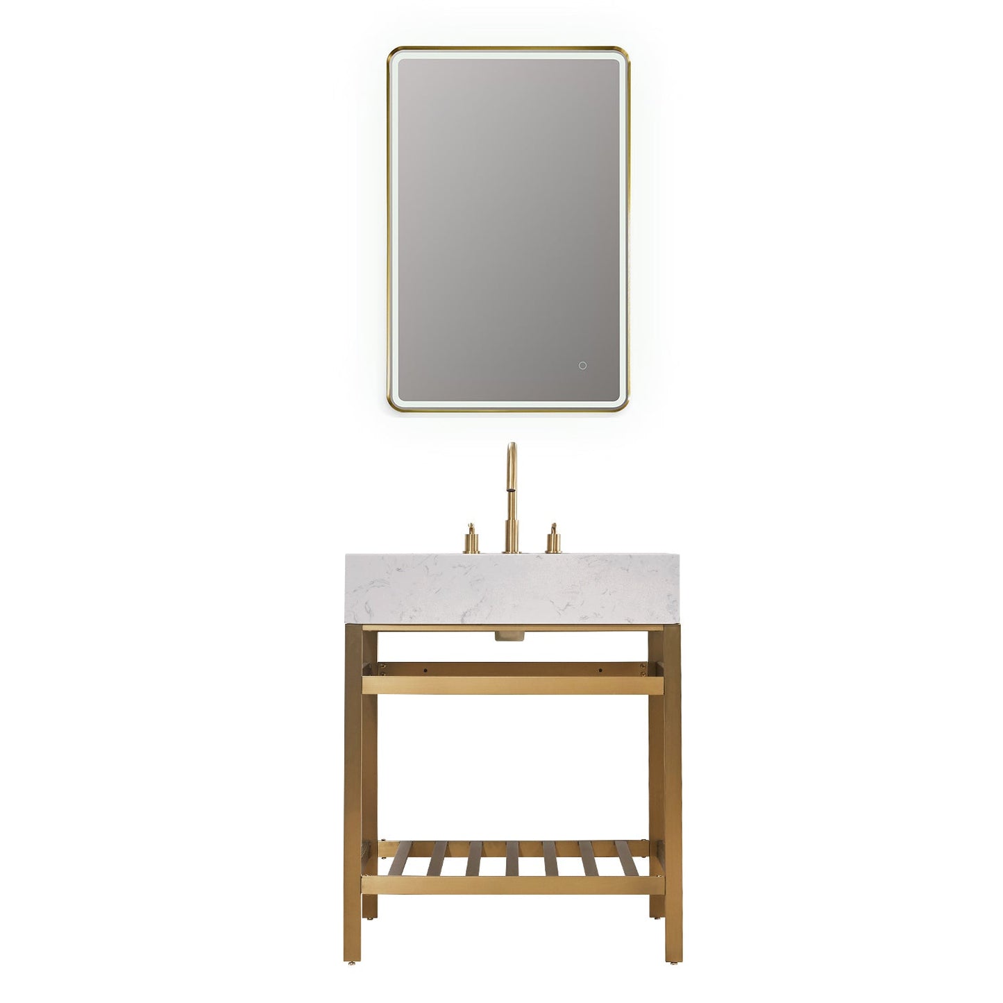 Merano 30" Single Stainless Steel Vanity Console in Brushed Gold with Aosta White Stone Countertop and Mirror