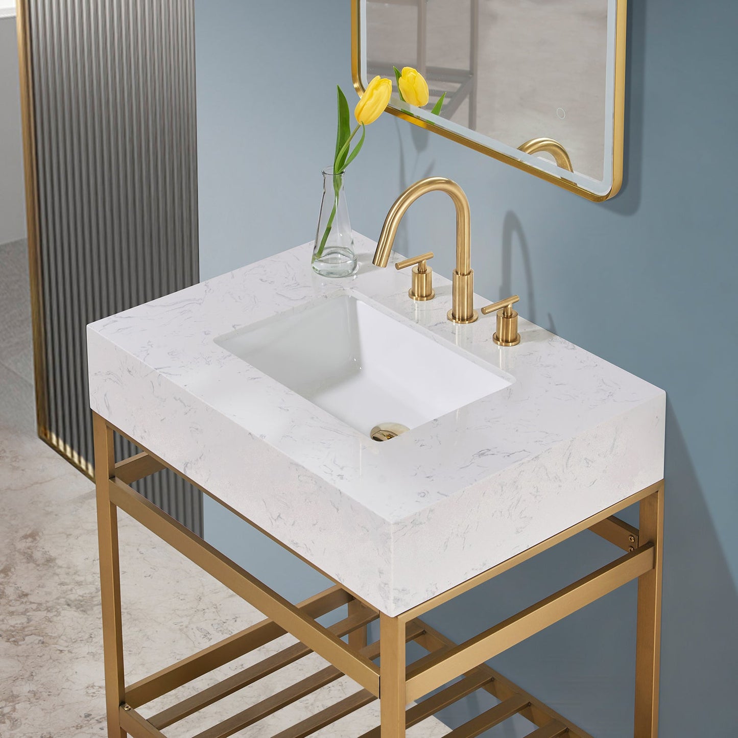 Merano 30" Single Stainless Steel Vanity Console in Brushed Gold with Aosta White Stone Countertop and Mirror