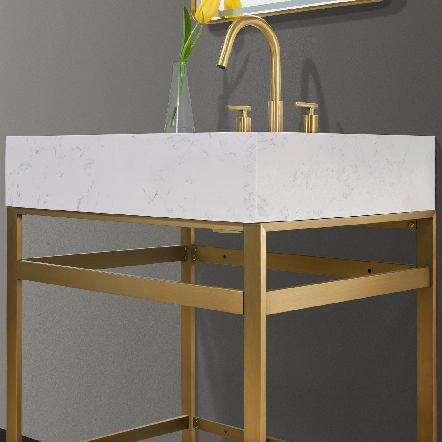 Merano 30" Single Stainless Steel Vanity Console in Brushed Gold with Aosta White Stone Countertop and Mirror