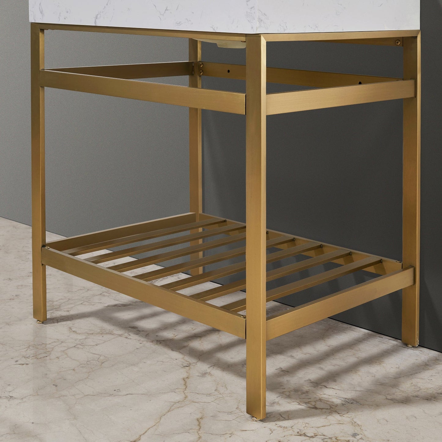 Merano 30" Single Stainless Steel Vanity Console in Brushed Gold with Aosta White Stone Countertop and Mirror