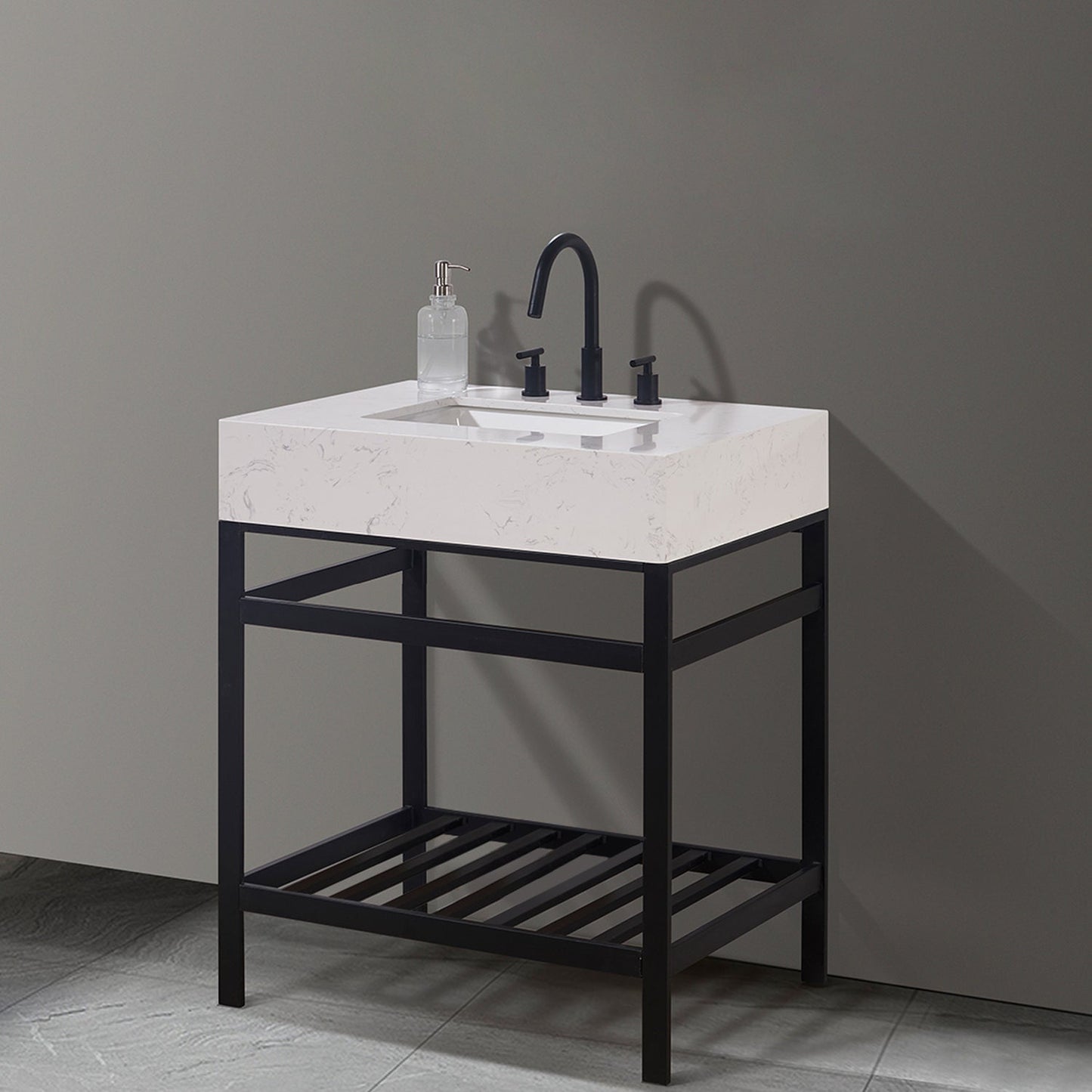 Merano 30" Single Stainless Steel Vanity Console in Matt Black with Aosta White Stone Countertop without Mirror
