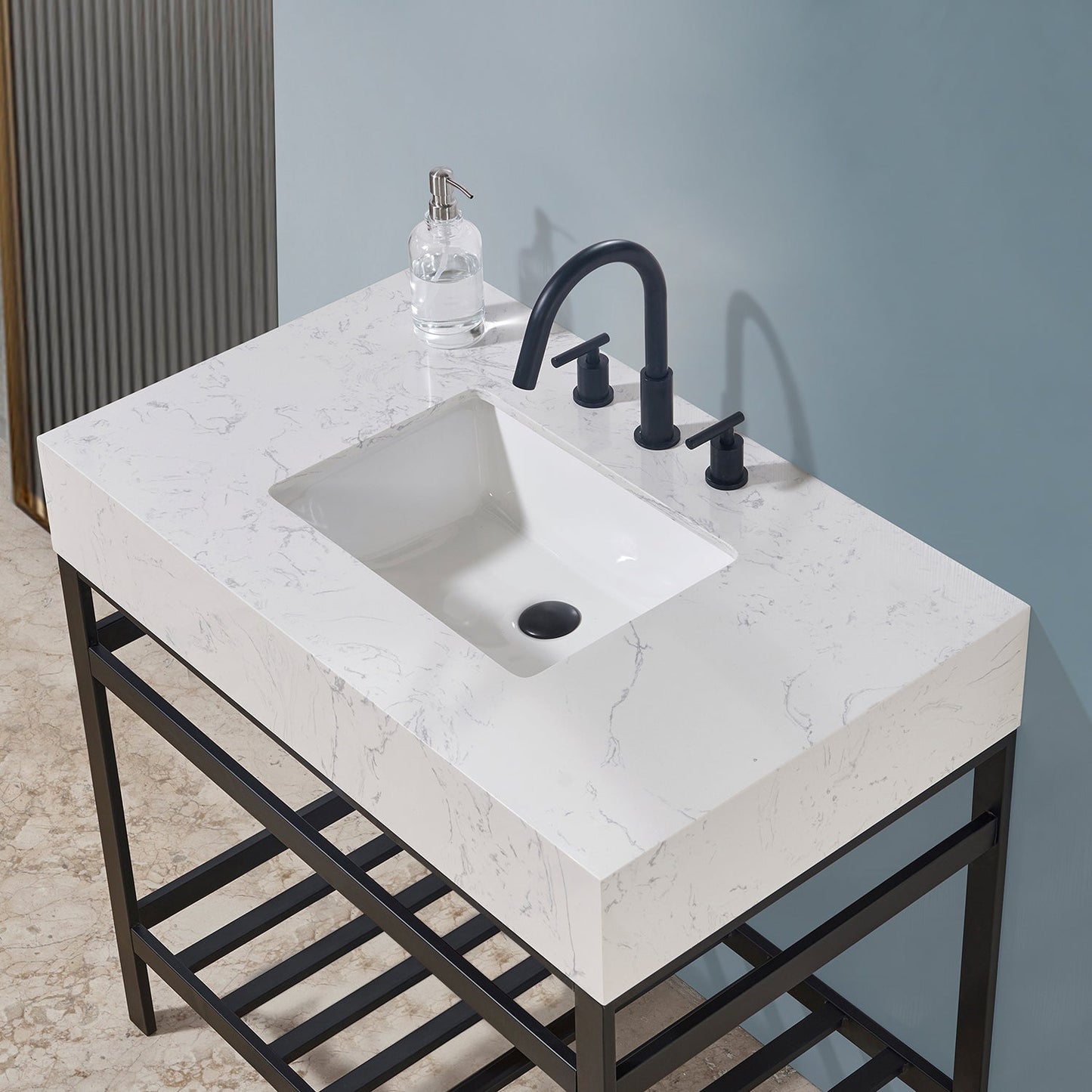 Merano 36" Single Stainless Steel Vanity Console in Matt Black with Aosta White Stone Countertop without Mirror