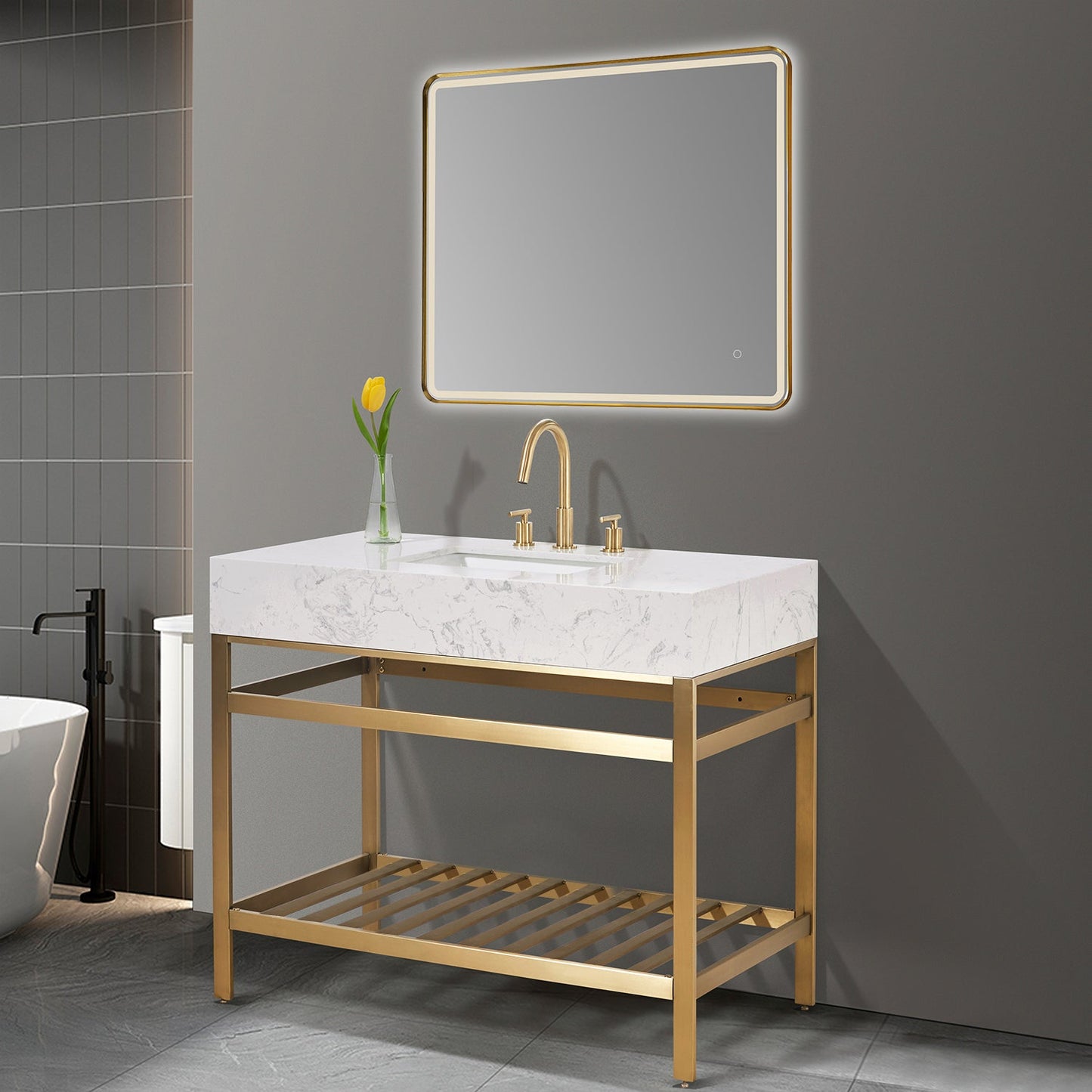 Merano 42" Single Stainless Steel Vanity Console in Brushed Gold with Aosta White Stone Countertop and Mirror