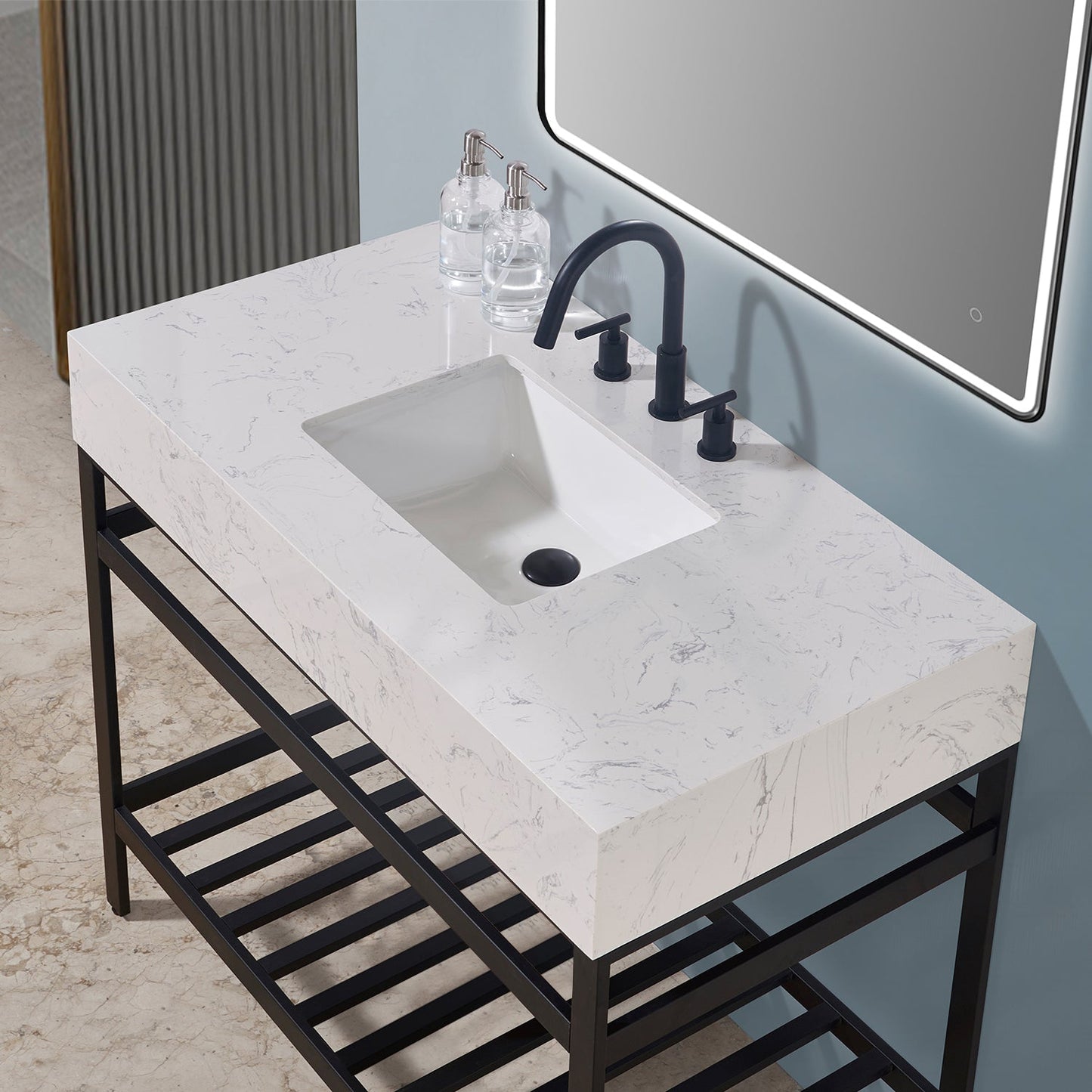 Merano 42" Single Stainless Steel Vanity Console in Matt Black with Aosta White Stone Countertop and Mirror
