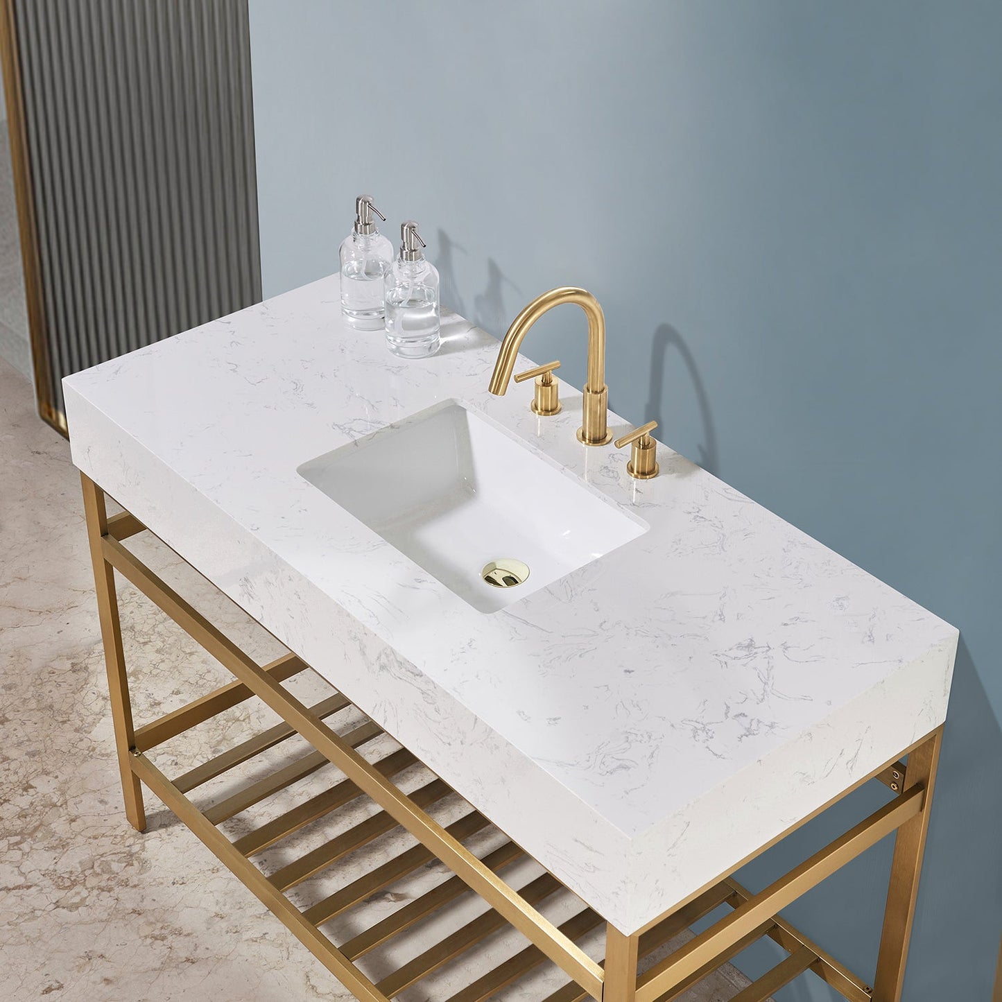 Merano 48" Single Stainless Steel Vanity Console in Brushed Gold with Aosta White Stone Countertop without Mirror