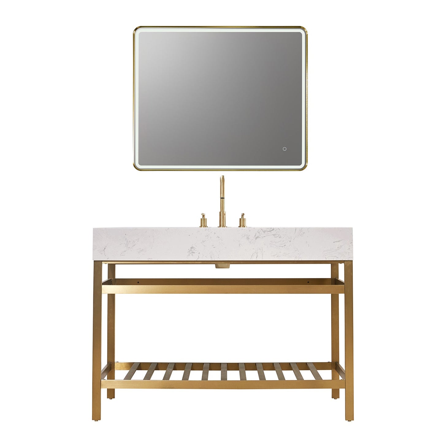 Merano 48" Single Stainless Steel Vanity Console in Brushed Gold with Aosta White Stone Countertop and Mirror