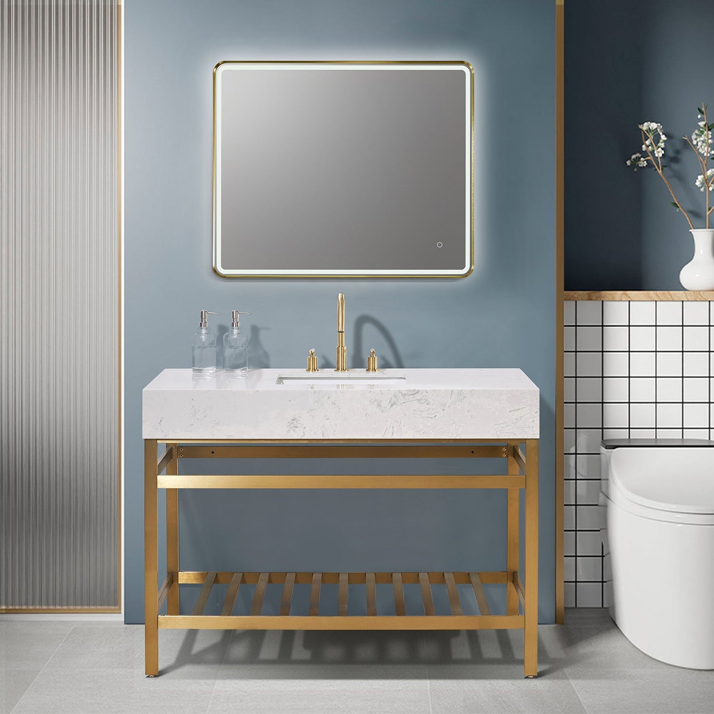 Merano 48" Single Stainless Steel Vanity Console in Brushed Gold with Aosta White Stone Countertop and Mirror