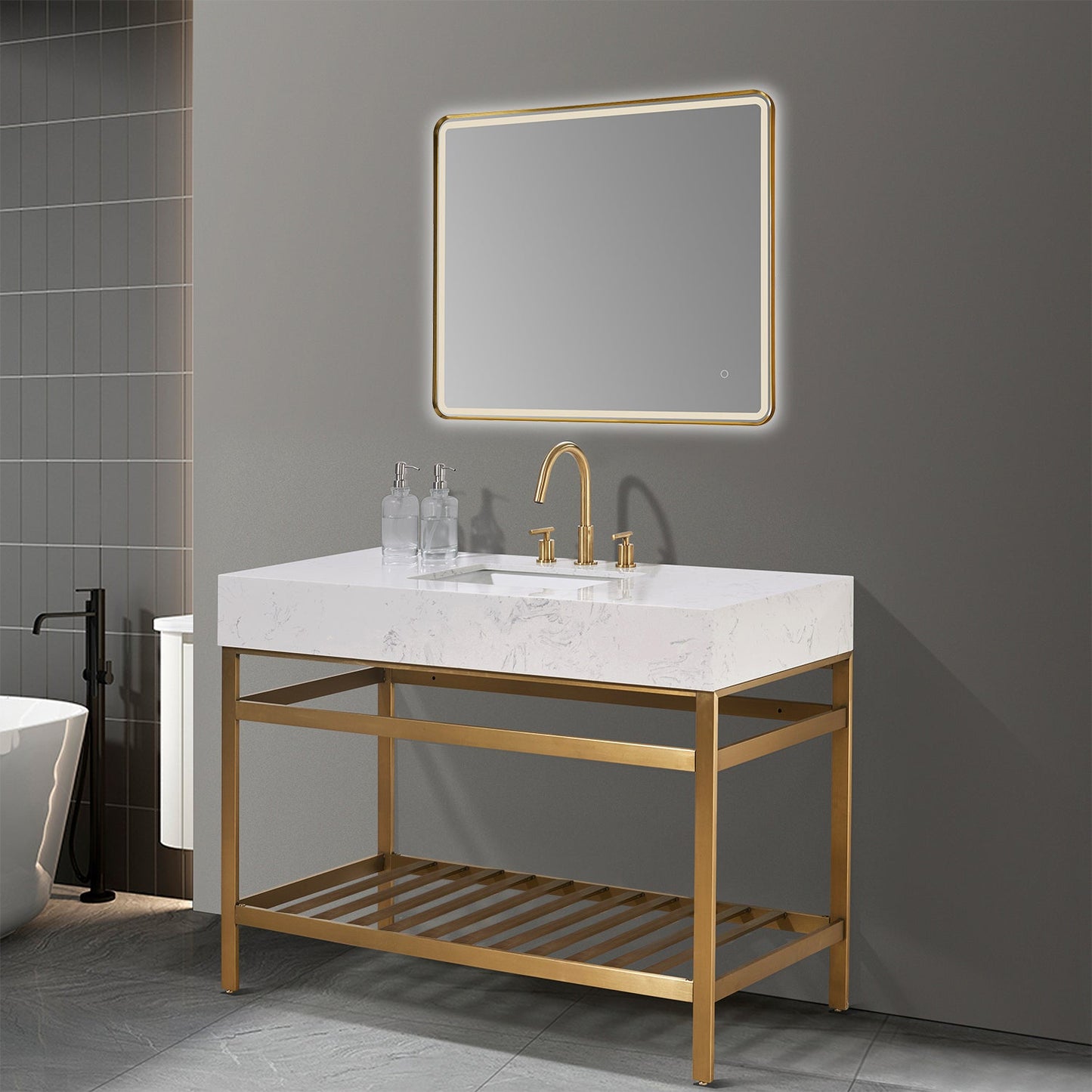 Merano 48" Single Stainless Steel Vanity Console in Brushed Gold with Aosta White Stone Countertop and Mirror