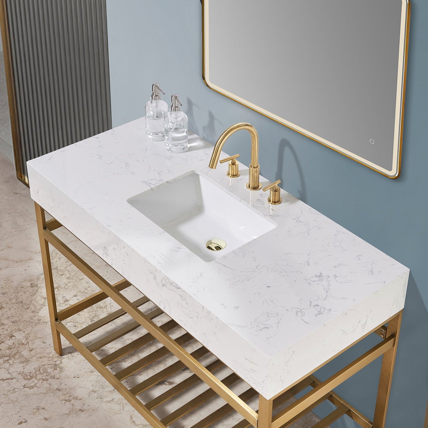 Merano 48" Single Stainless Steel Vanity Console in Brushed Gold with Aosta White Stone Countertop and Mirror