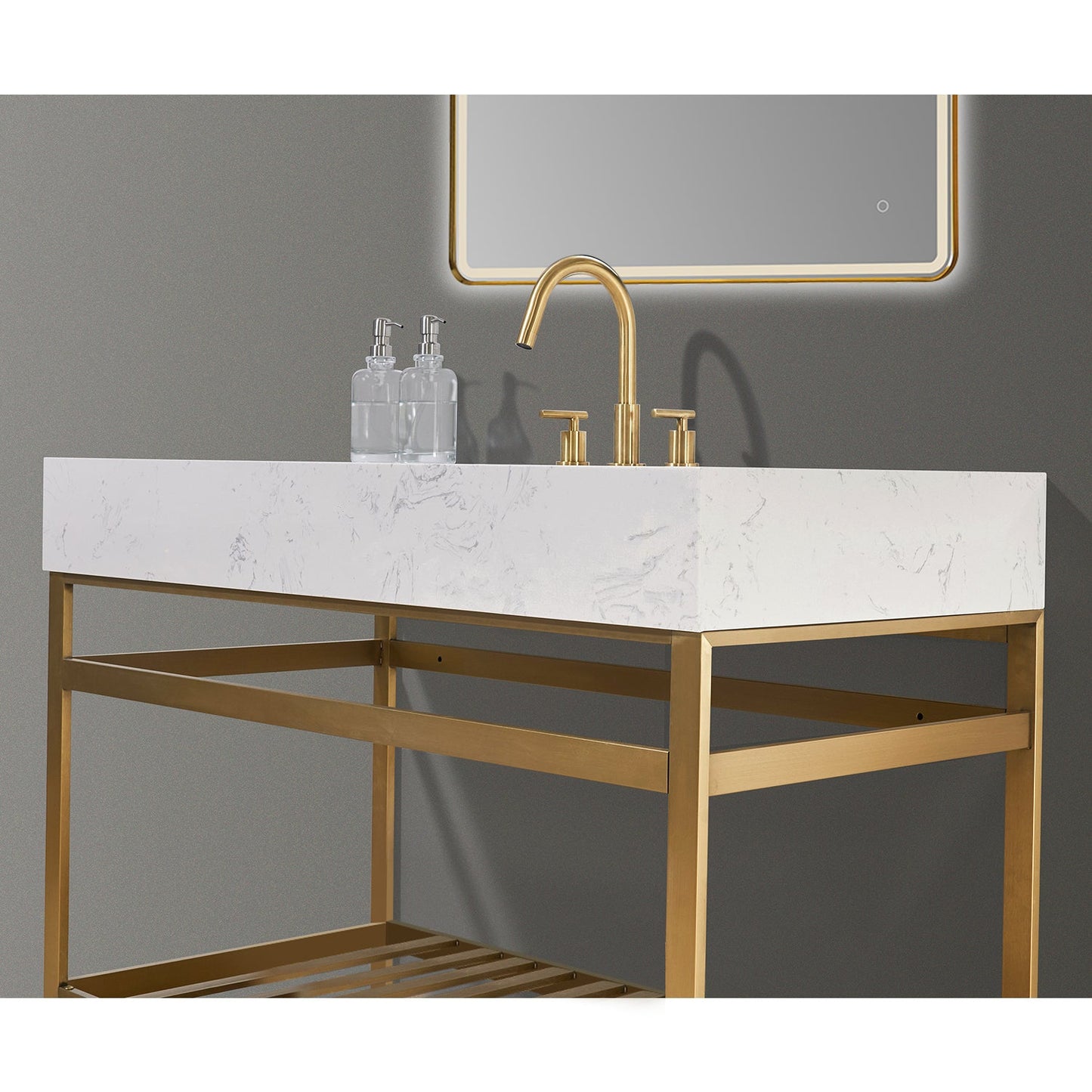 Merano 48" Single Stainless Steel Vanity Console in Brushed Gold with Aosta White Stone Countertop and Mirror