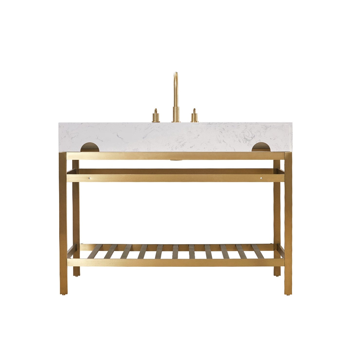 Merano 48" Single Stainless Steel Vanity Console in Brushed Gold with Aosta White Stone Countertop and Mirror