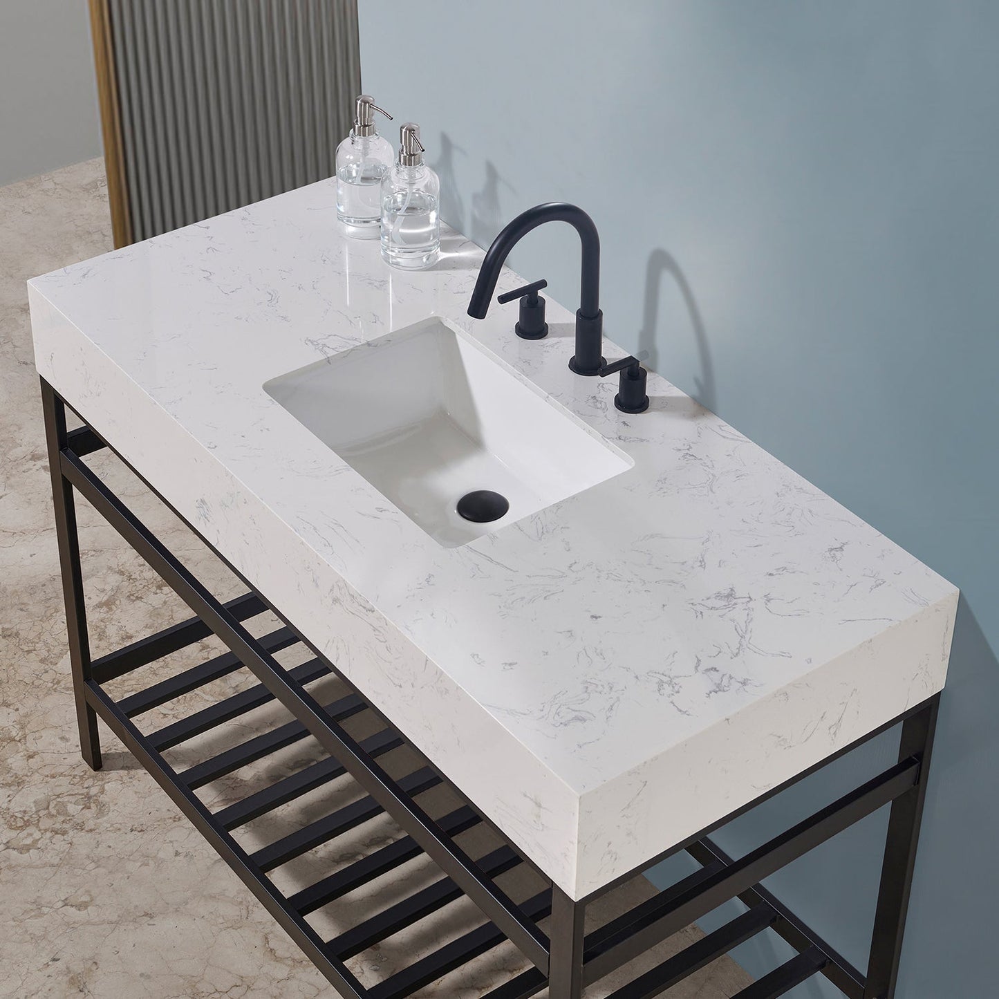 Merano 48" Single Stainless Steel Vanity Console in Matt Black with Aosta White Stone Countertop without Mirror