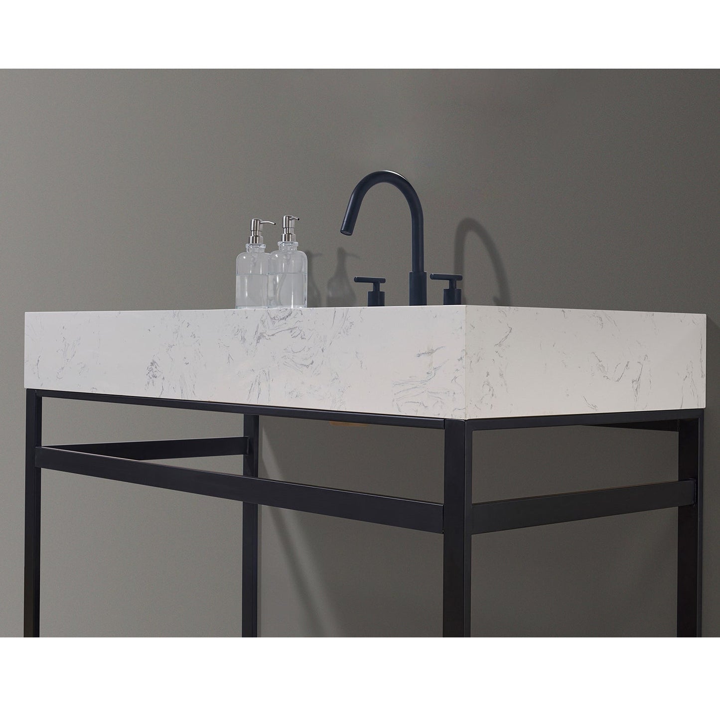 Merano 48" Single Stainless Steel Vanity Console in Matt Black with Aosta White Stone Countertop without Mirror