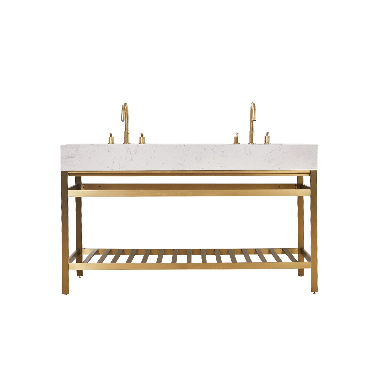 Merano 60" Double Stainless Steel Vanity Console in Brushed Gold with Aosta White Stone Countertop without Mirror