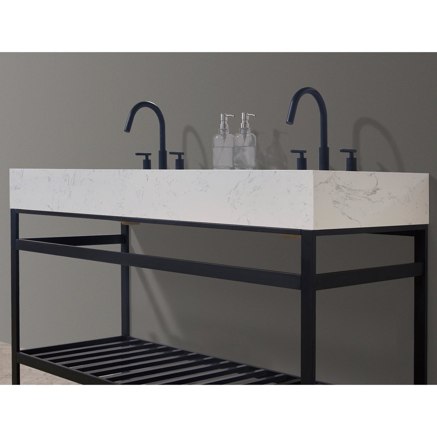 Merano 60" Double Stainless Steel Vanity Console in Matt Black with Aosta White Stone Countertop without Mirror