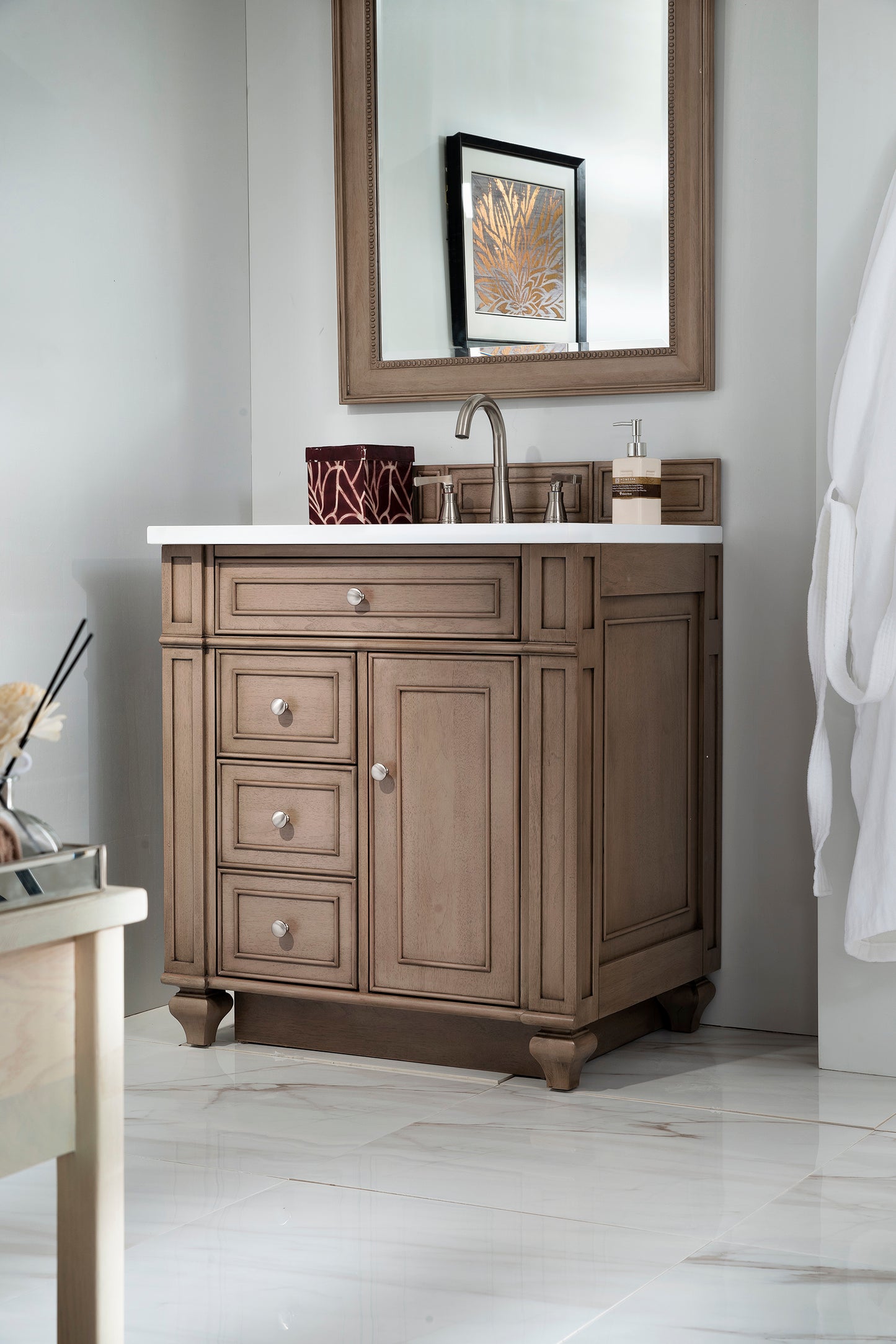 Bristol 30" Single Vanity, Whitewashed Walnut w/ 3 CM White Zeus Quartz Top