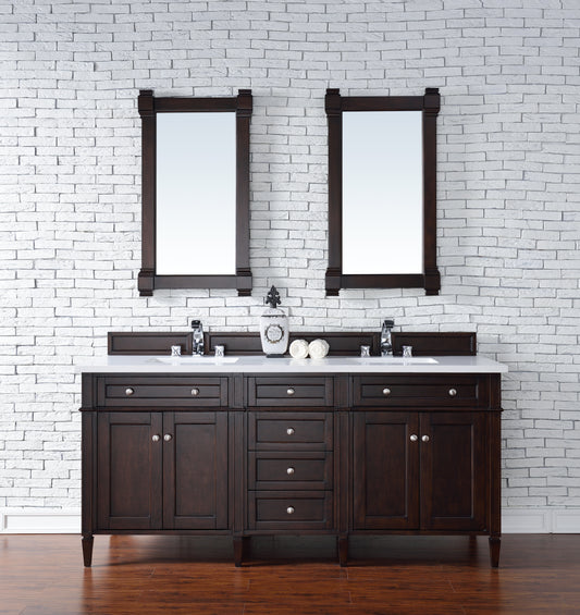 Brittany 72" Double Vanity, Burnished Mahogany w/ 3 CM White Zeus Quartz Top