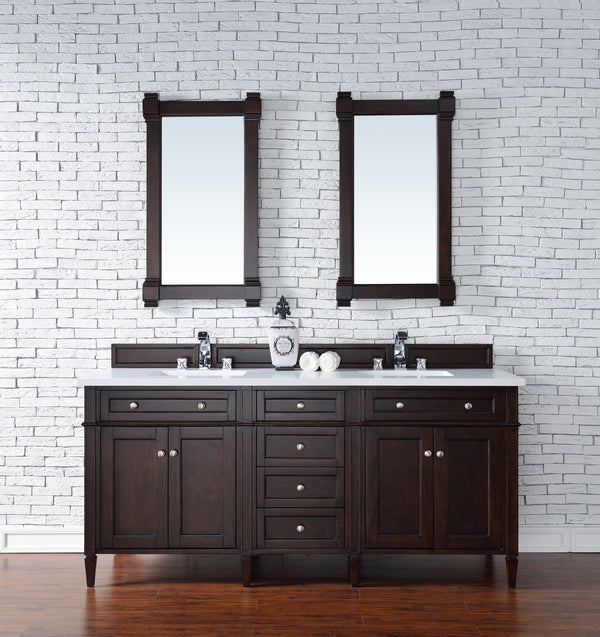 Brittany 72 Double Vanity, Burnished Mahogany w/ 3 CM White Zeus Quartz Top