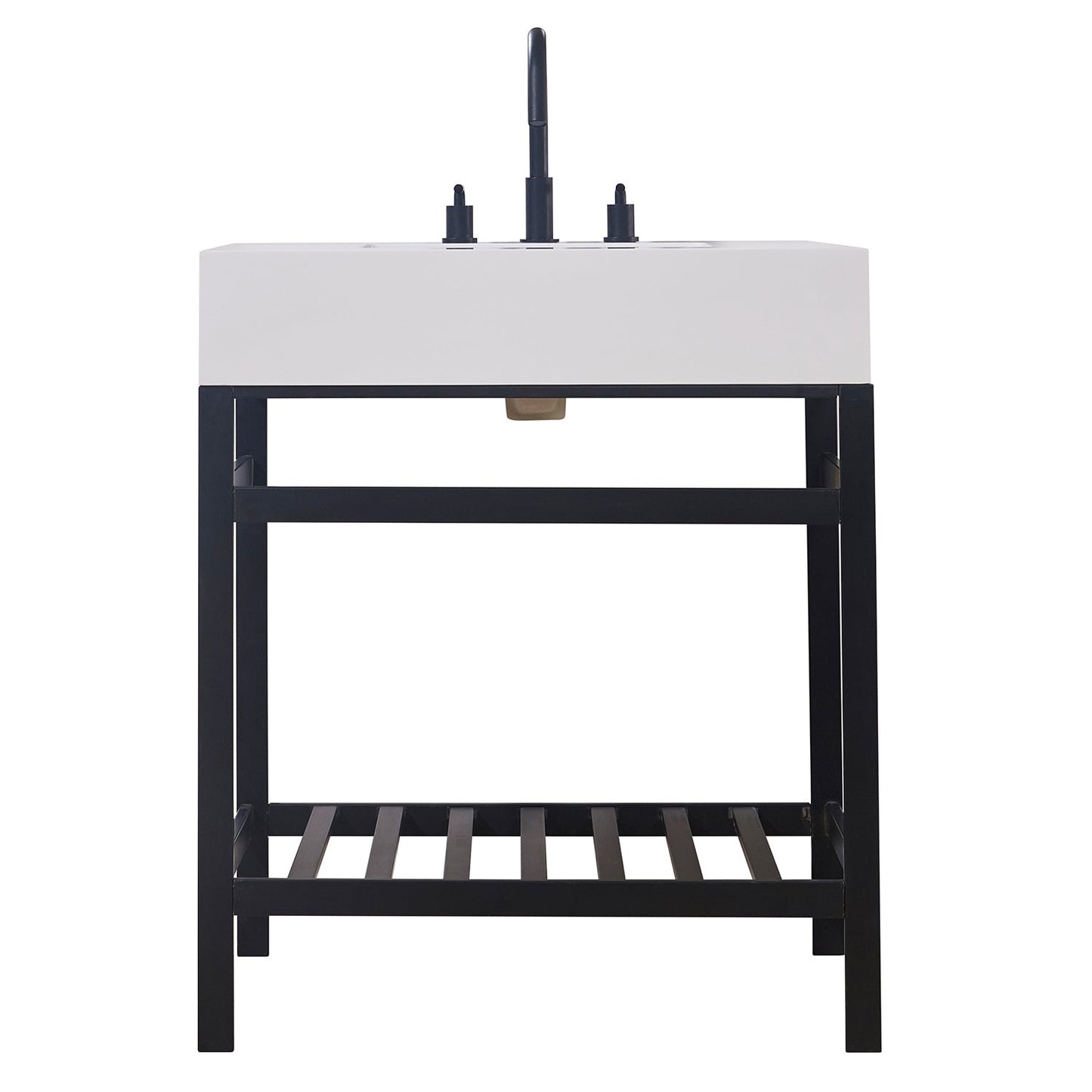 Edolo 30" Single Stainless Steel Vanity Console in Matt Black with Snow White Stone Countertop without Mirror