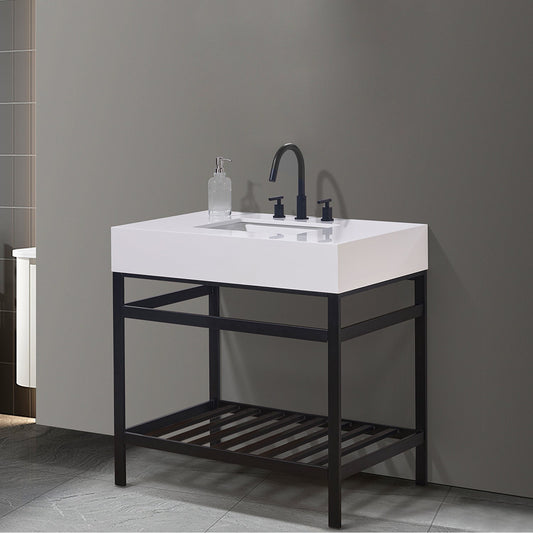 Edolo 36" Single Stainless Steel Vanity Console in Matt Black with Snow White Stone Countertop without Mirror