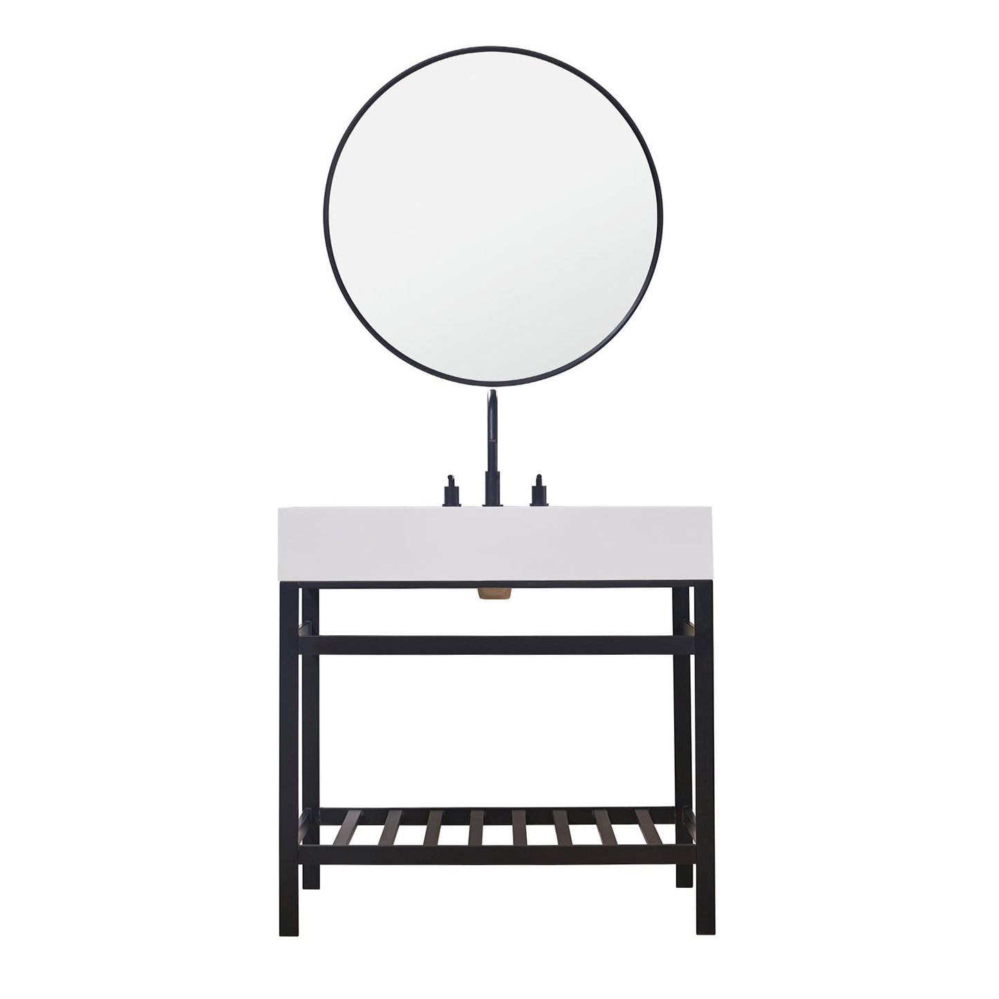 Edolo 36" Single Stainless Steel Vanity Console in Matt Black with Snow White Stone Countertop and Mirror