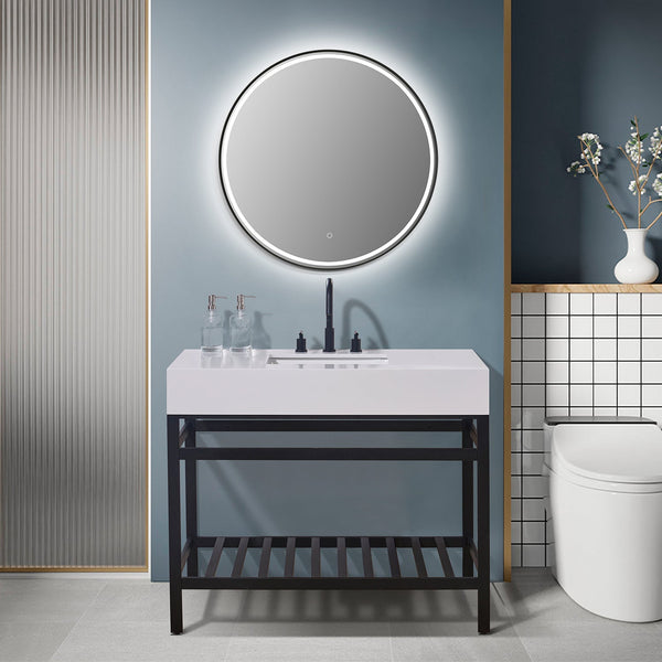 Edolo 42 Single Stainless Steel Vanity Console in Matt Black with Snow White Stone Countertop and Mirror