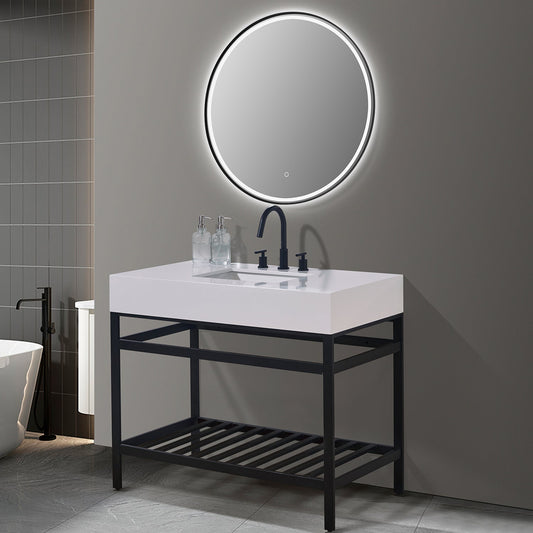 Edolo 42" Single Stainless Steel Vanity Console in Matt Black with Snow White Stone Countertop and Mirror