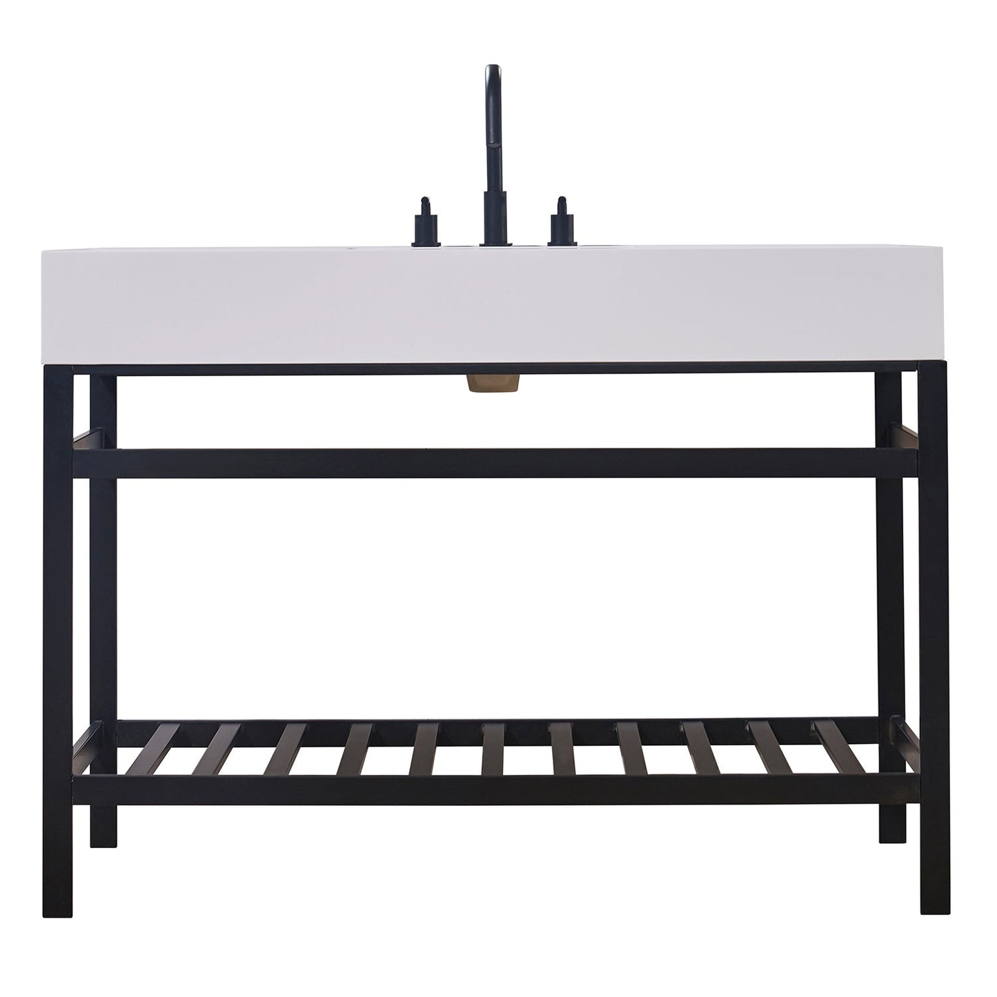 Edolo 48" Single Stainless Steel Vanity Console in Matt Black with Snow White Stone Countertop without Mirror