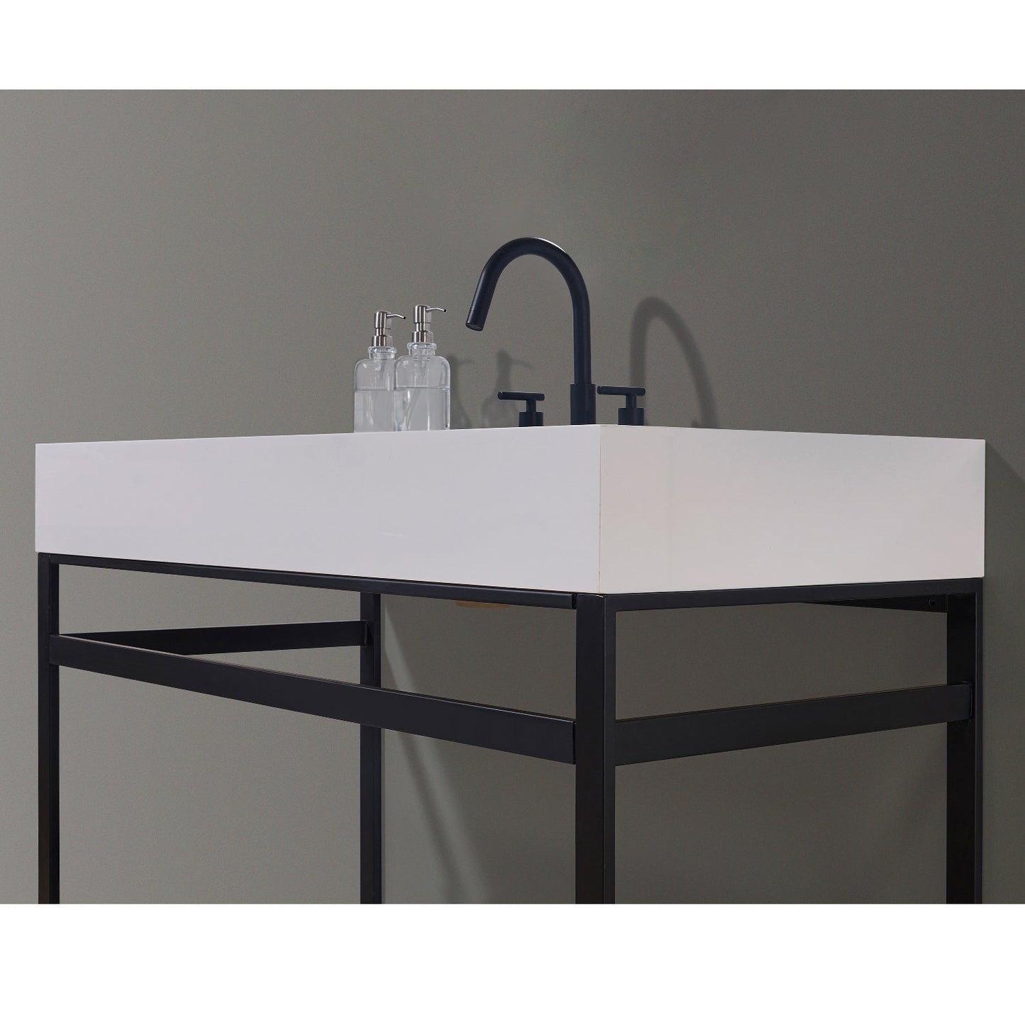 Edolo 48" Single Stainless Steel Vanity Console in Matt Black with Snow White Stone Countertop without Mirror