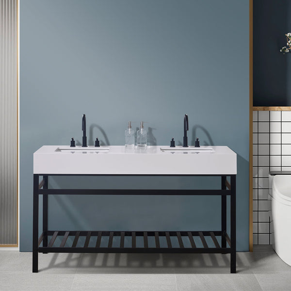 Edolo 60 Double Stainless Steel Vanity Console in Matt Black with Snow White Stone Countertop without Mirror