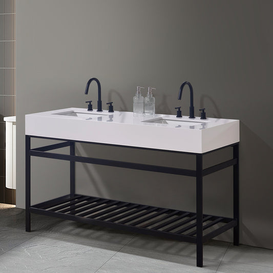 Edolo 60" Double Stainless Steel Vanity Console in Matt Black with Snow White Stone Countertop without Mirror