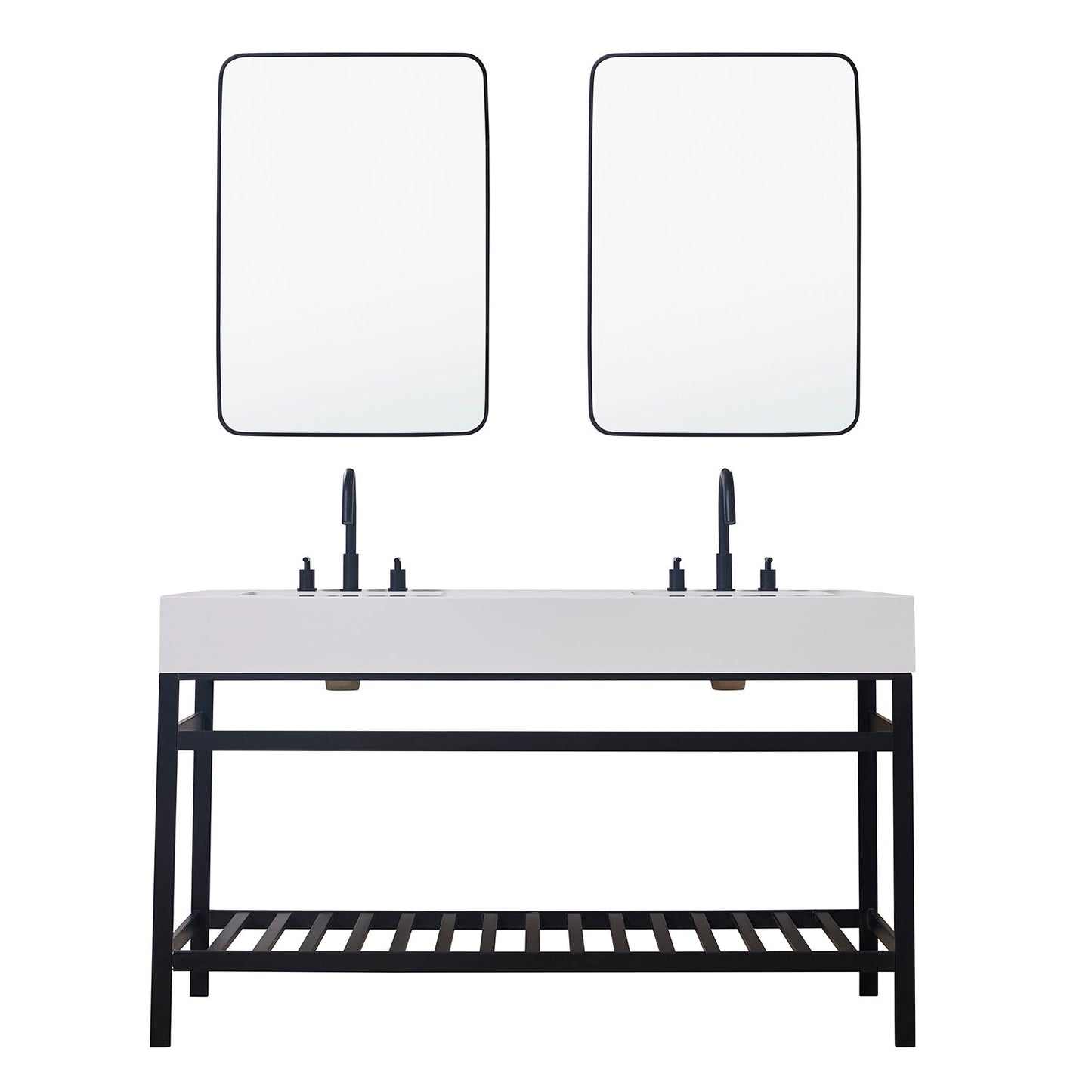 Edolo 60" Double Stainless Steel Vanity Console in Matt Black with Snow White Stone Countertop and Mirror