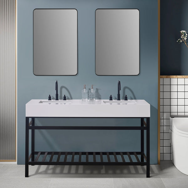 Edolo 60 Double Stainless Steel Vanity Console in Matt Black with Snow White Stone Countertop and Mirror