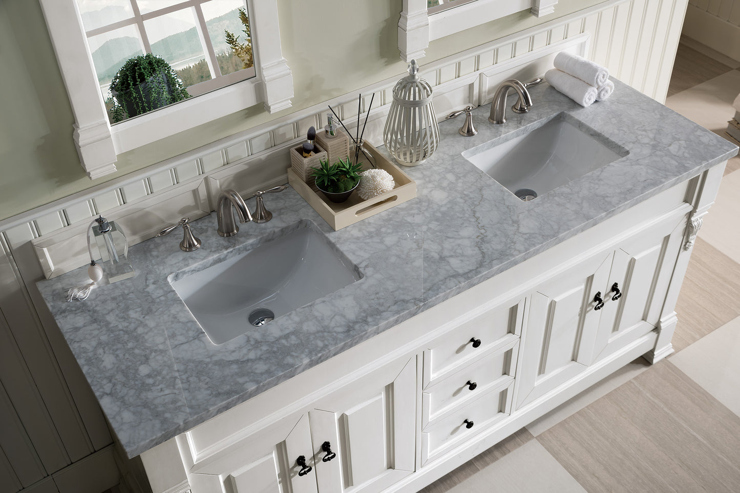 Brookfield 72" Double Vanity, Bright White w/ 3 CM Carrara Marble Top