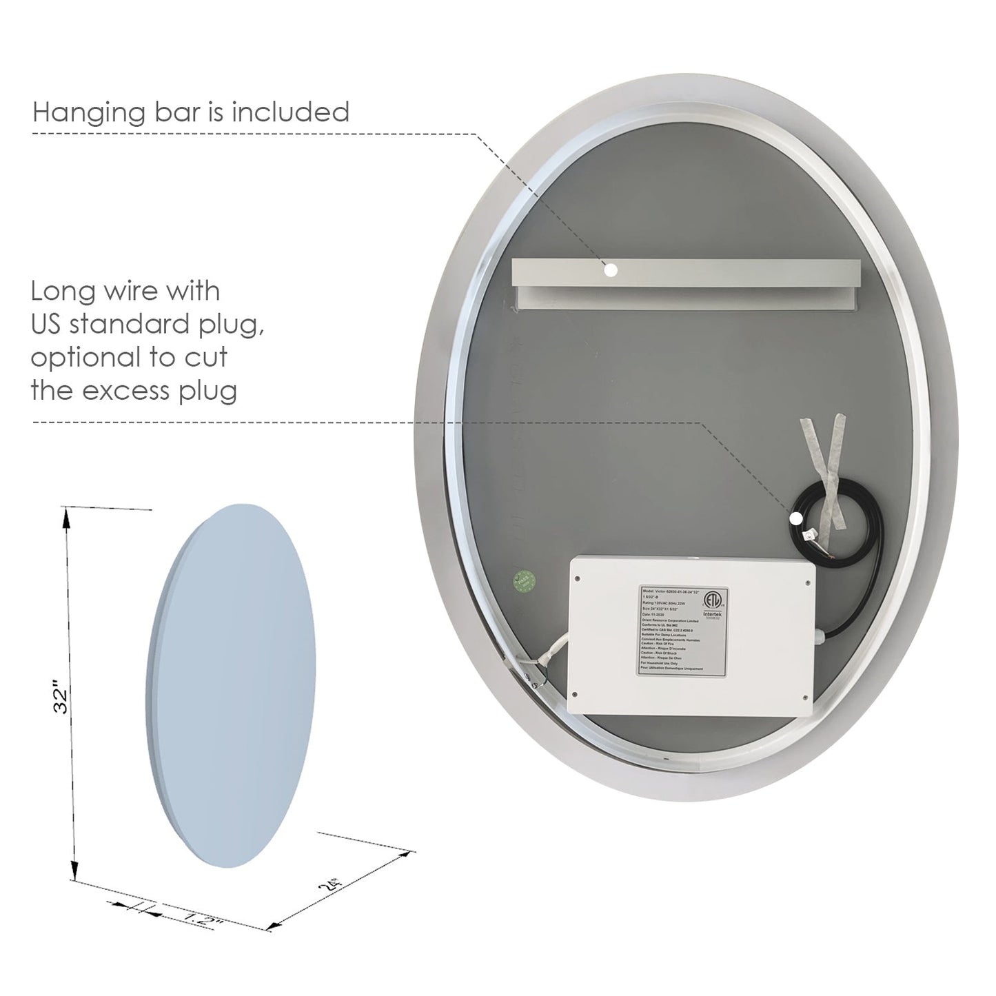 Matera 24' Oval Frameless Modern LED Bathroom Vanity Mirror