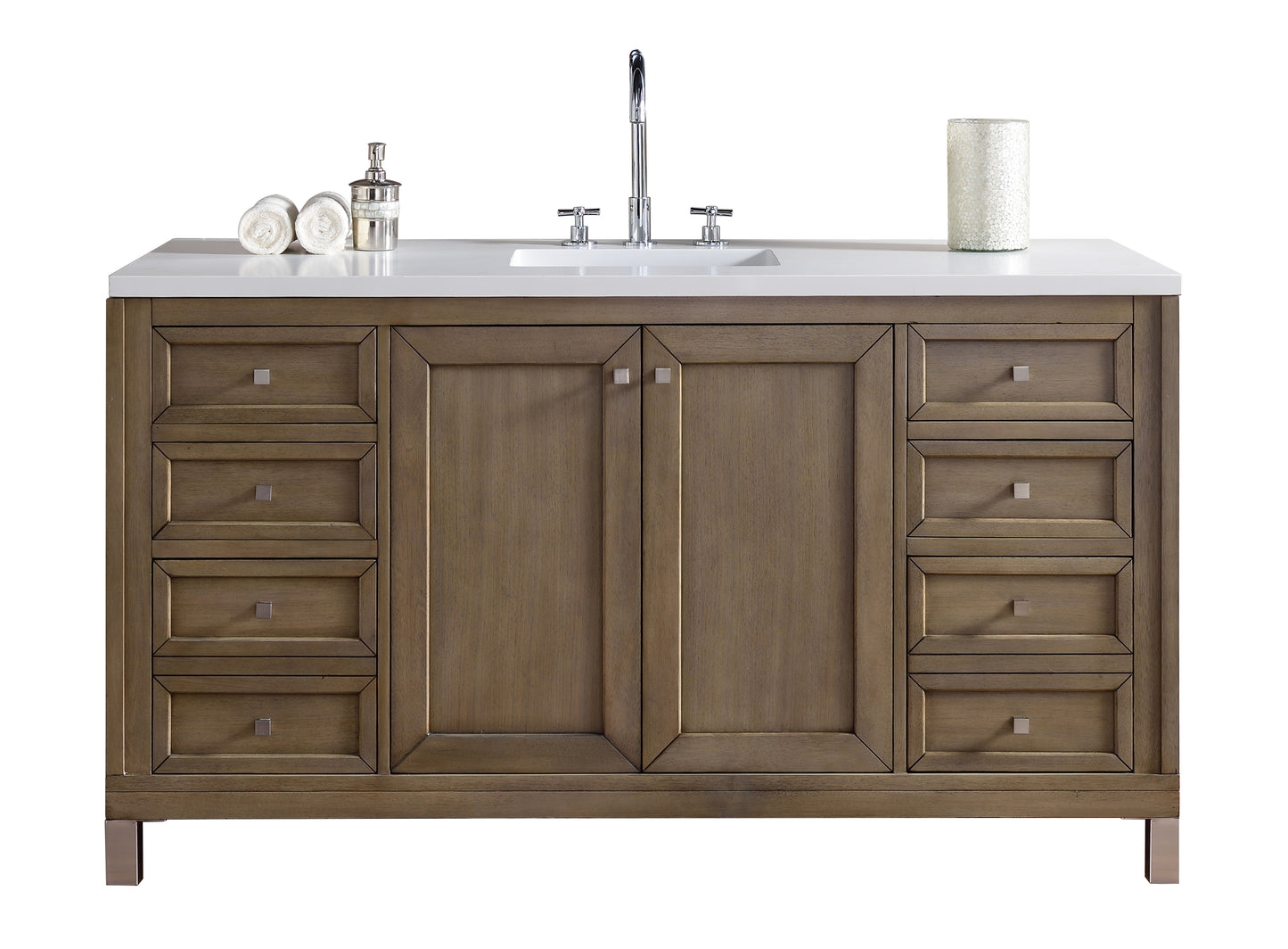 Chicago 60" Single Vanity, Whitewashed Walnut w/ 3 CM White Zeus Quartz Top