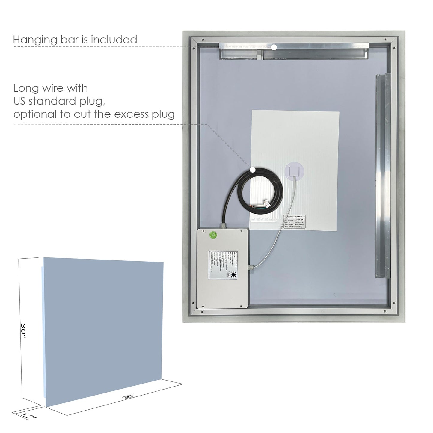 Cassano Rectangle 36" Frameless Modern Bathroom/Vanity LED Lighted Wall Mirror