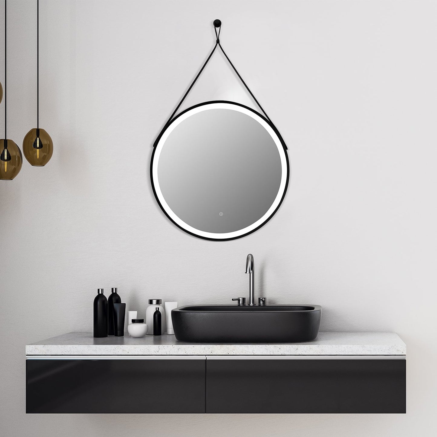 Roccia Round 28" Framed in Matt Black Modern Bathroom/Vanity LED Lighted Wall Mirror