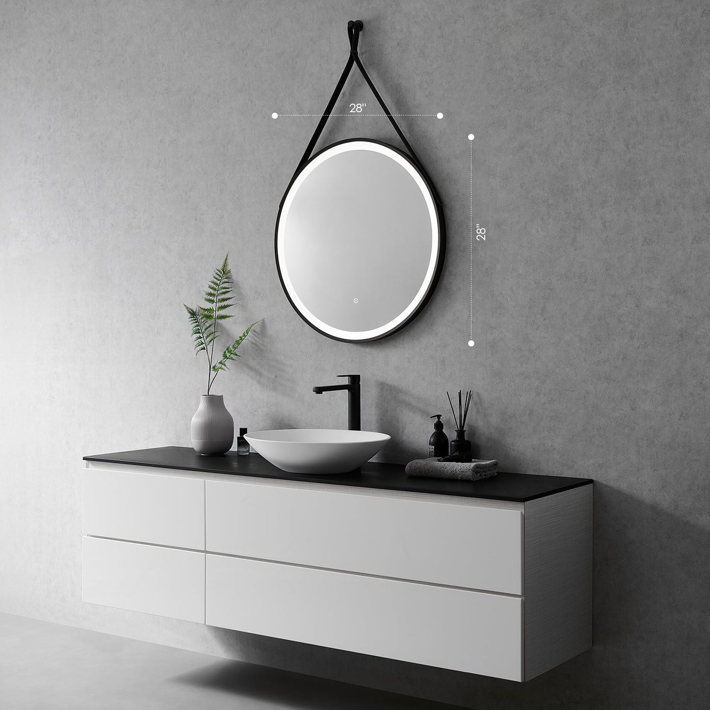 Roccia Round 28" Framed in Matt Black Modern Bathroom/Vanity LED Lighted Wall Mirror