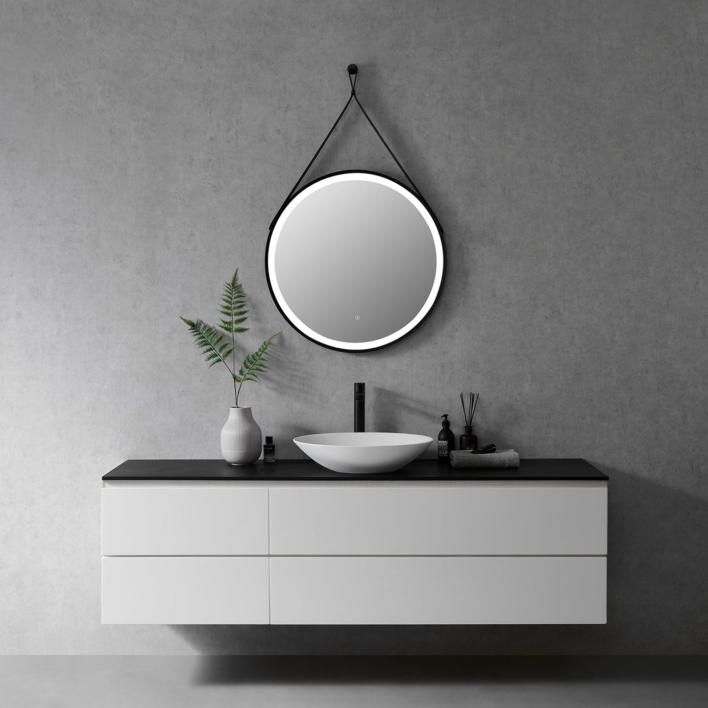 Roccia Round 28" Framed in Matt Black Modern Bathroom/Vanity LED Lighted Wall Mirror