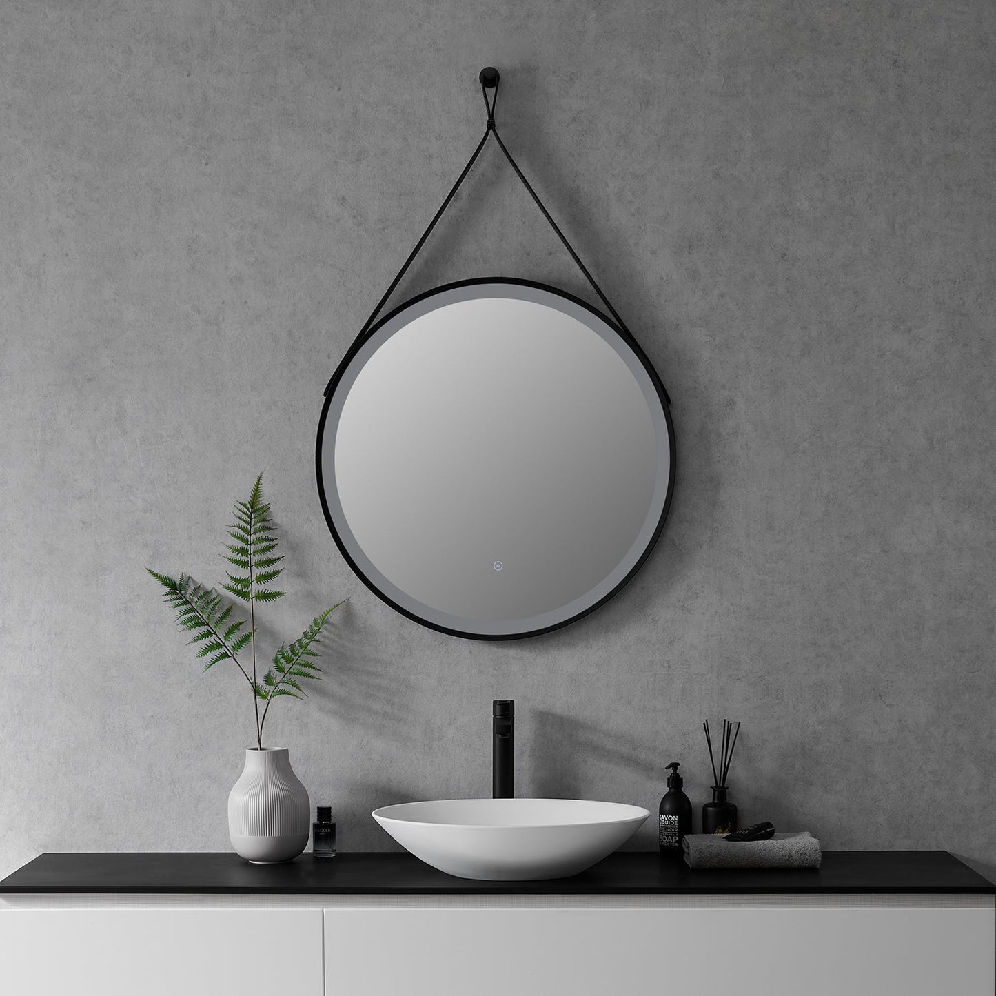 Roccia Round 28" Framed in Matt Black Modern Bathroom/Vanity LED Lighted Wall Mirror