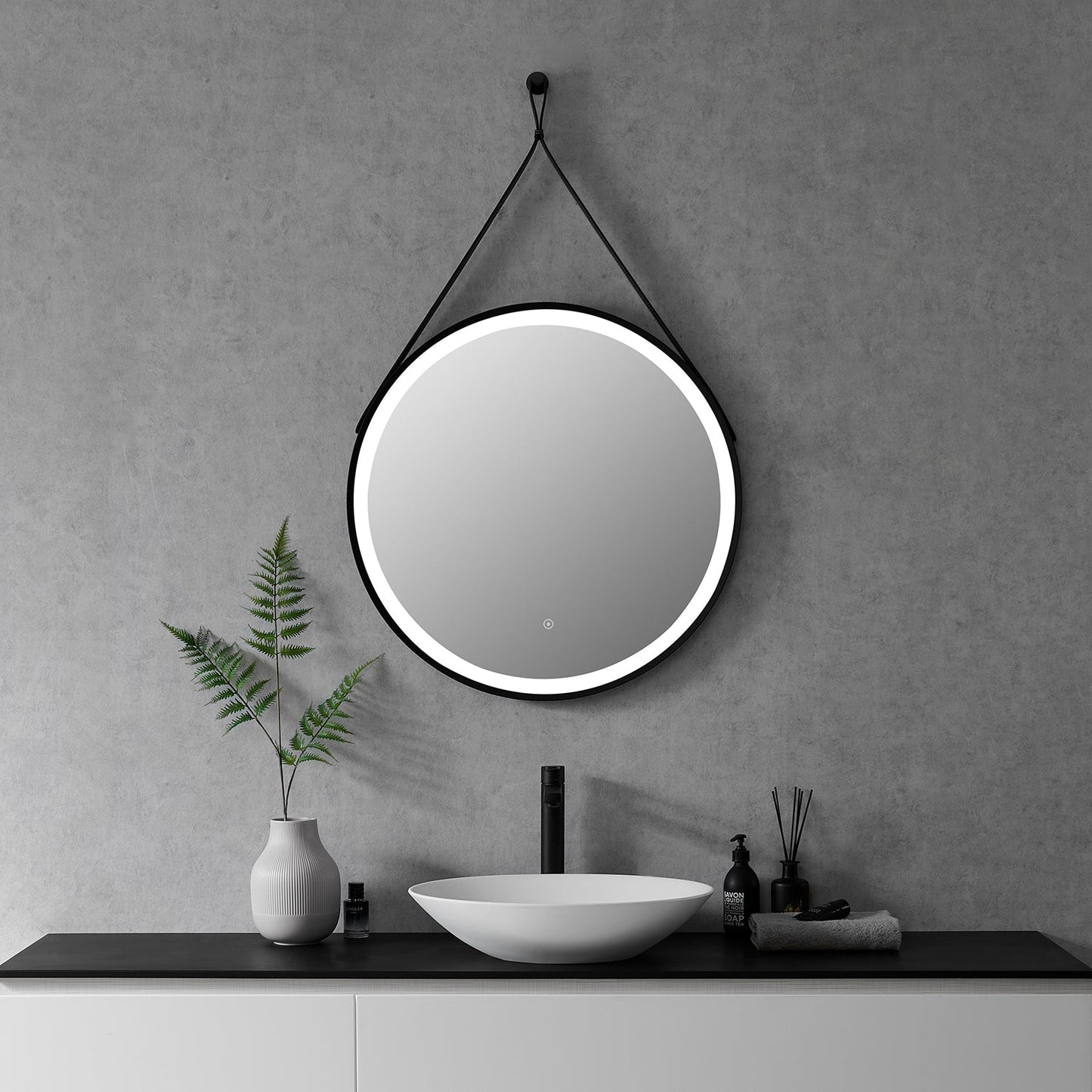 Roccia Round 28" Framed in Matt Black Modern Bathroom/Vanity LED Lighted Wall Mirror