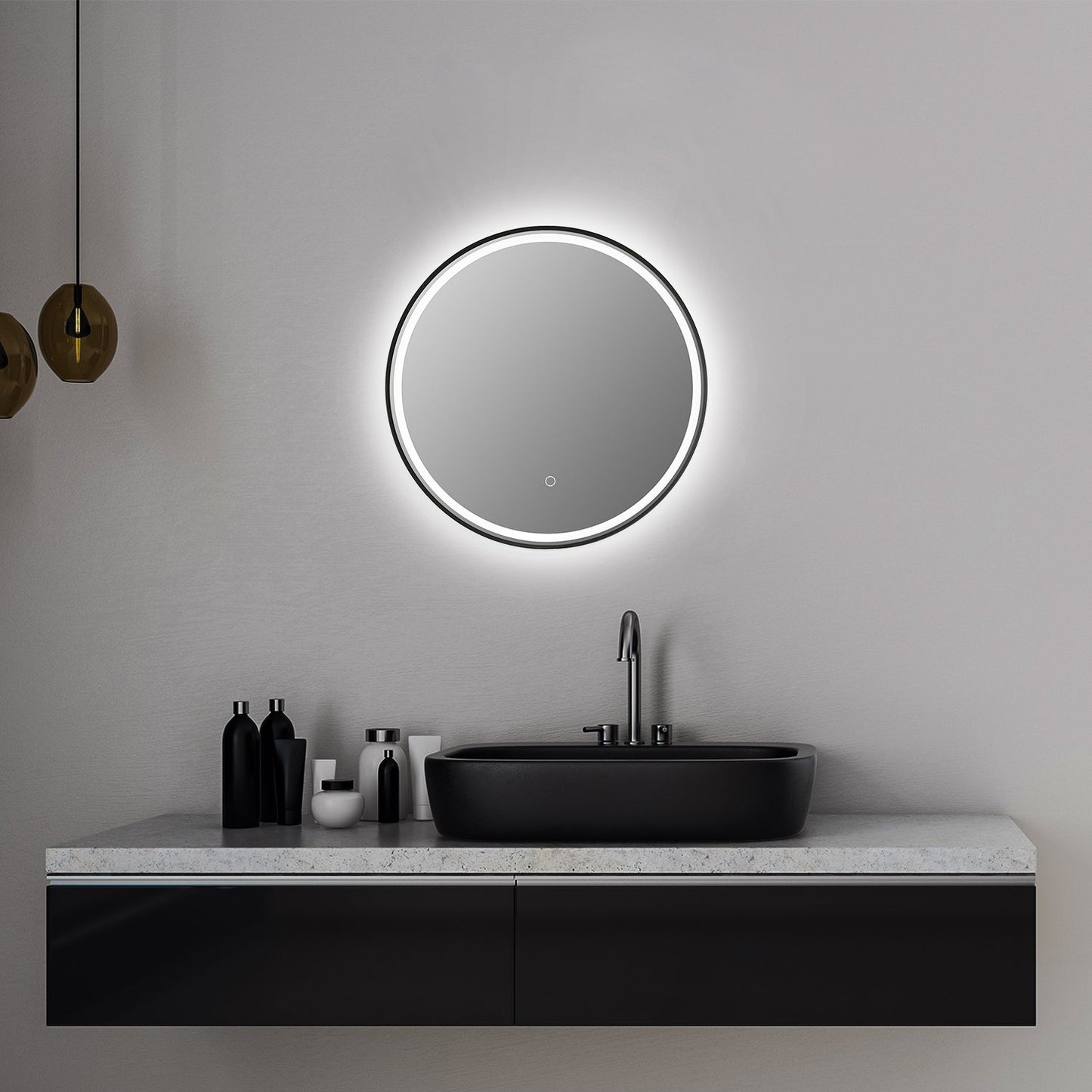 Palme Round 24" Framed in Matt Black Modern Bathroom/Vanity LED Lighted Wall Mirror