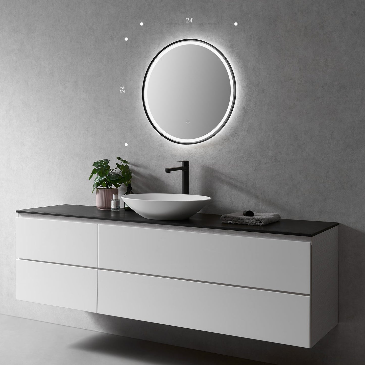 Palme Round 24" Framed in Matt Black Modern Bathroom/Vanity LED Lighted Wall Mirror