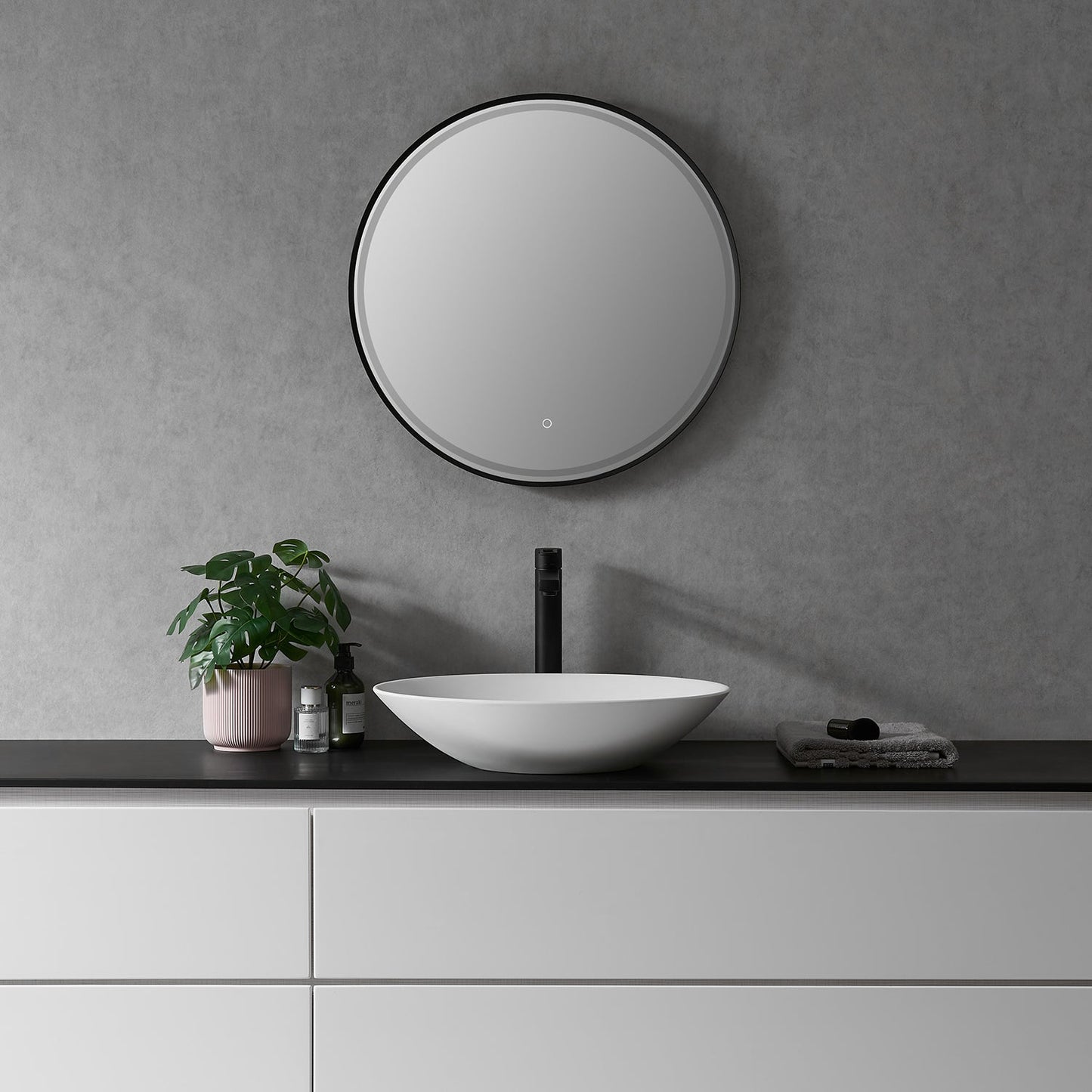 Palme Round 24" Framed in Matt Black Modern Bathroom/Vanity LED Lighted Wall Mirror